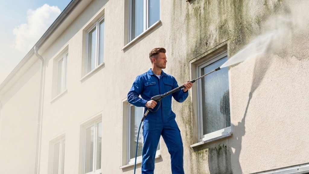 Fassadenreiniger bei der Arbeit - mit Systemen von A3 Innoteg / fassadenreinigung-systeme.de
